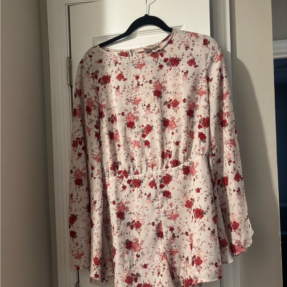 Floral Long-Sleeve Women's Top - Cream with Red Floral